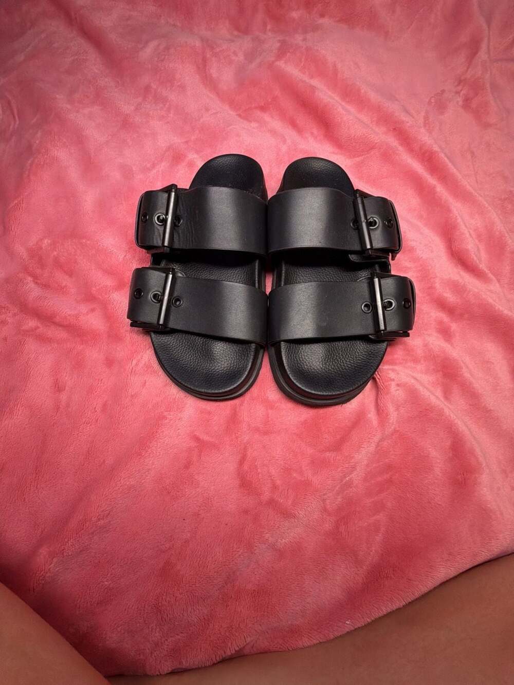 AllSaints Sian Black Leather Double Strap Buckle Sandals Slides